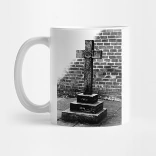 Dark cross on an old church, black and white photography Mug